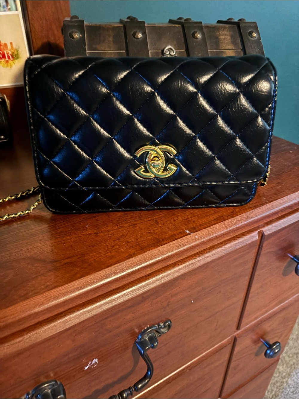 Black Quilted Leather Crossbody with Gold Hardware